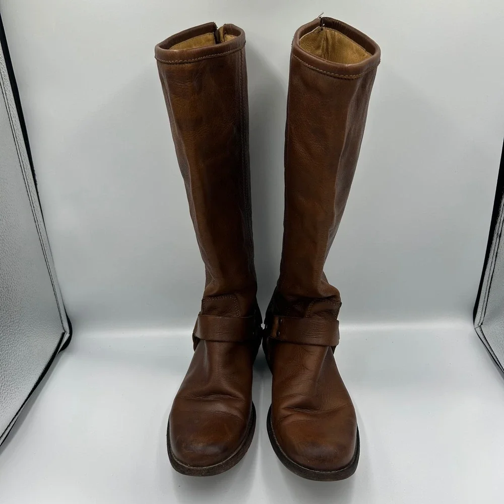 Frye Melissa Harness Boots Womens 7.5B Brown Leather Extended Calf 76850
